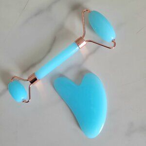Facial Roller & Gua Sha Set Skin Massager Tools for Face & Neck Teal Blue